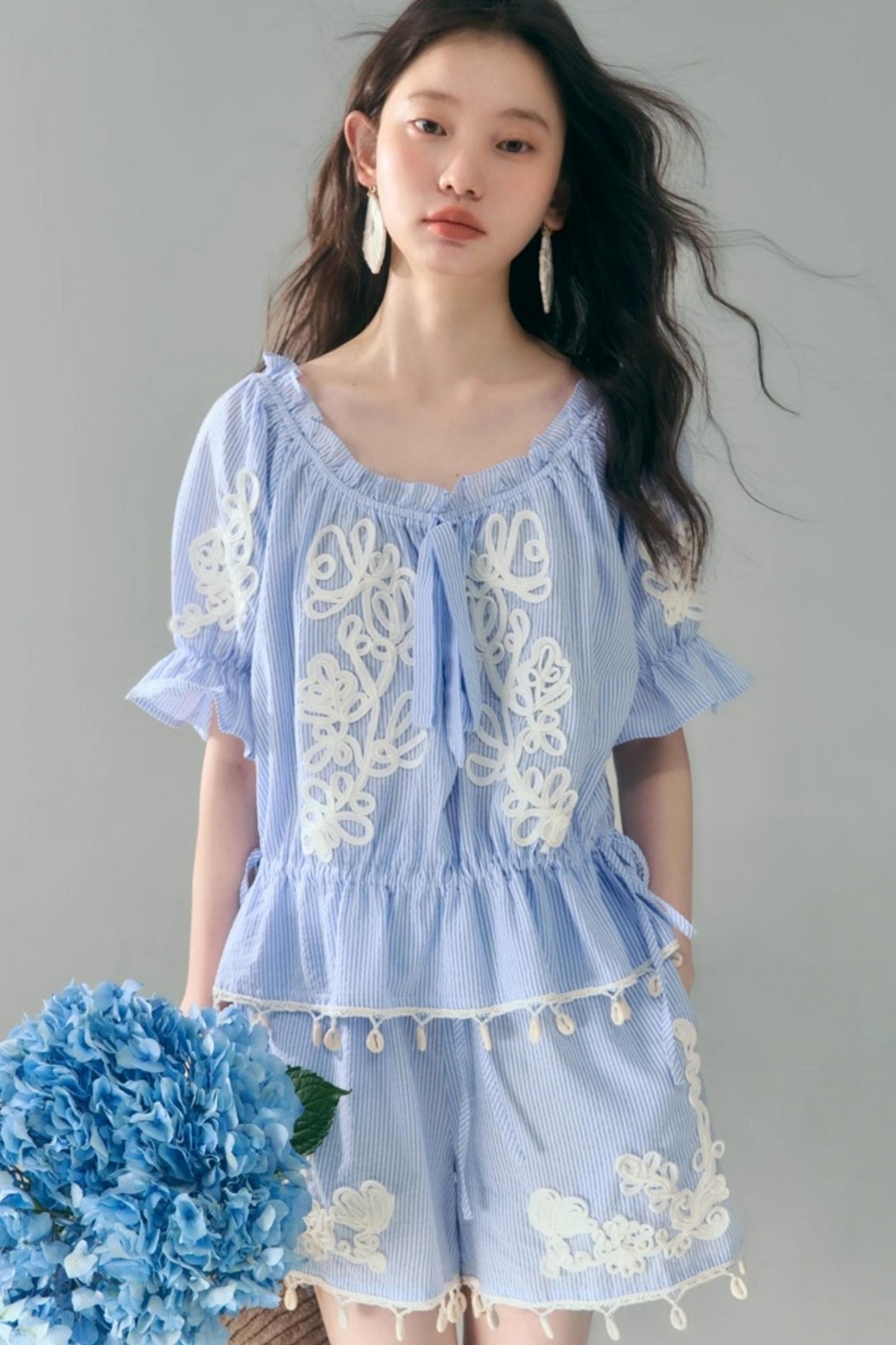 Island Flower Vine Striped Short Sleeve Top Shorts Set-Up