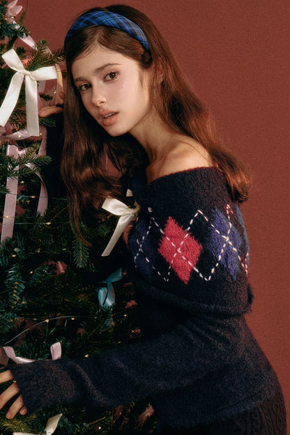 Vintage Argyle Off-Shoulder Sweater