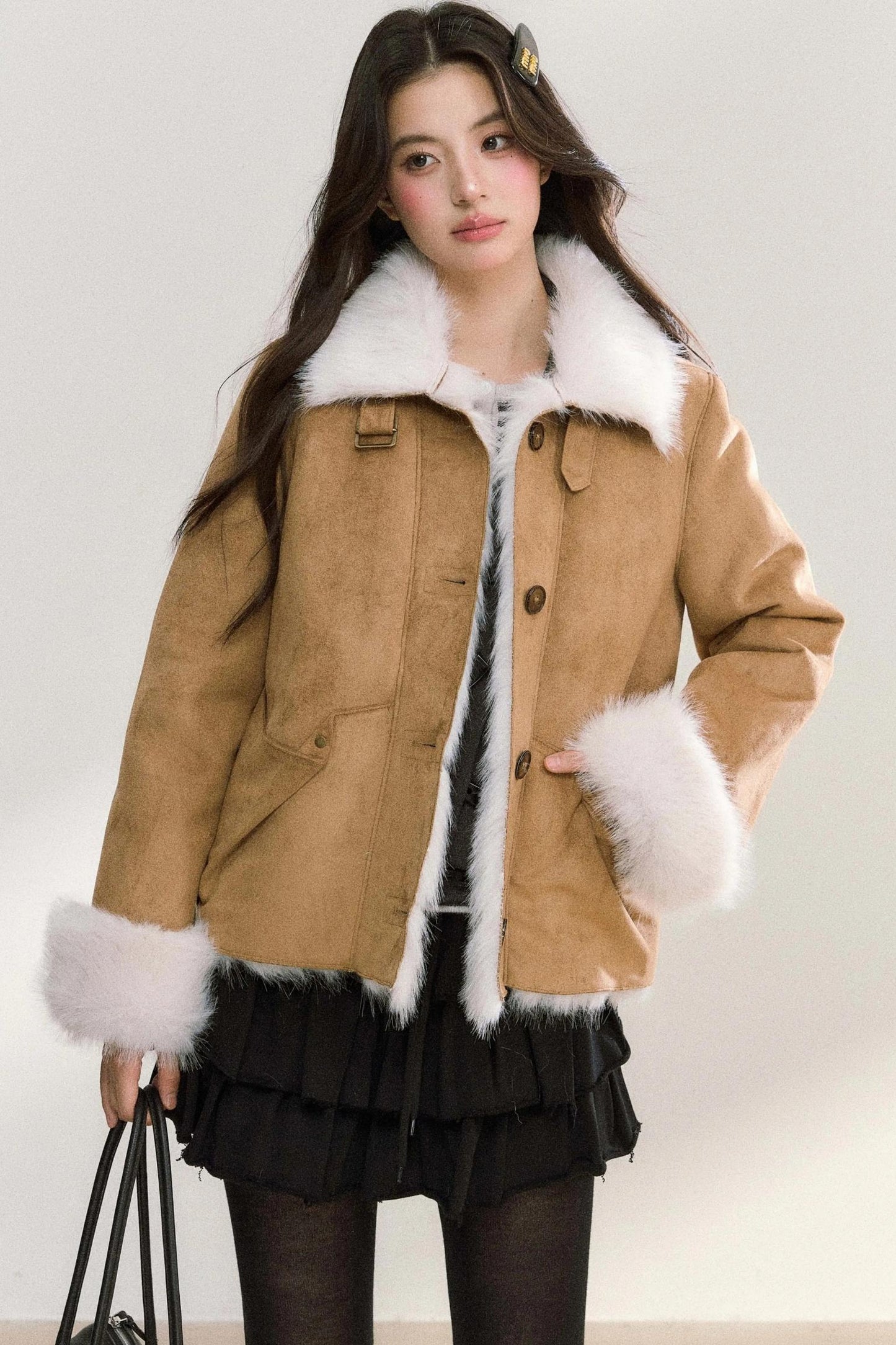 Suede Rivet Fur Collar Lapel Jacket