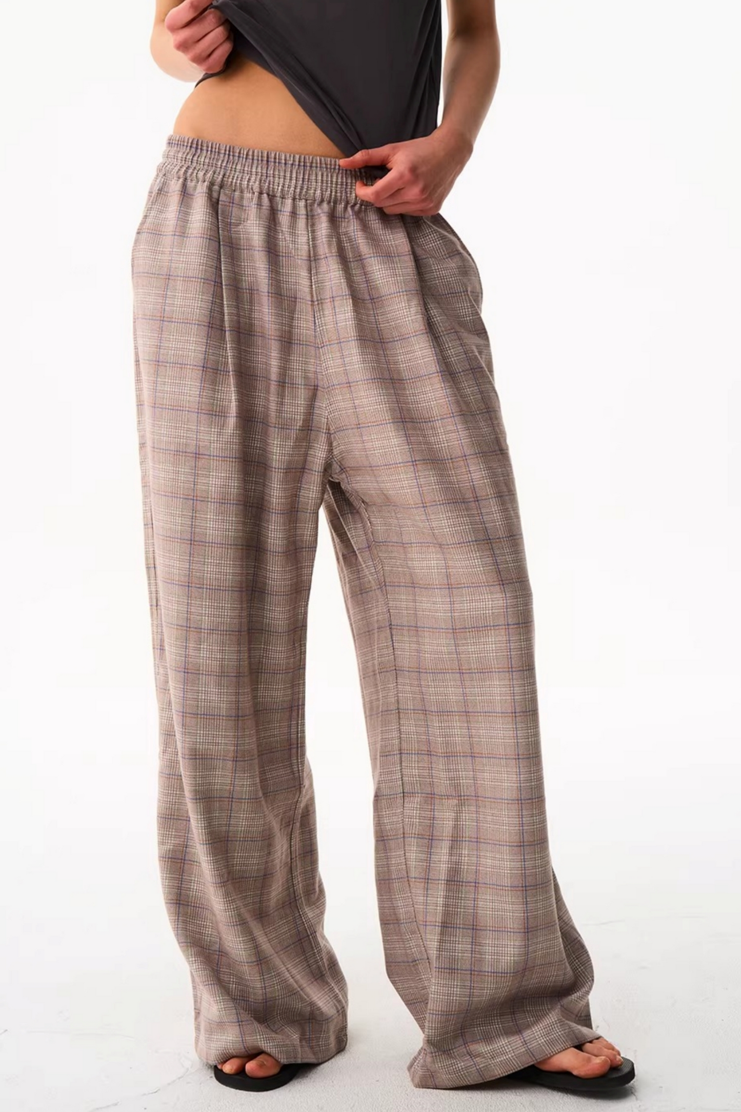 Blue Plaid Wide-Leg Pants