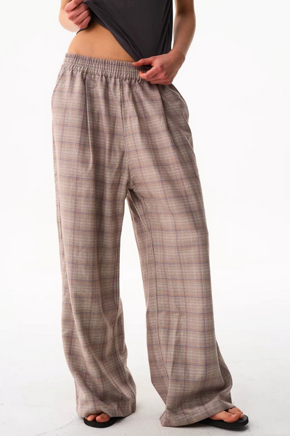 Blue Plaid Wide-Leg Pants