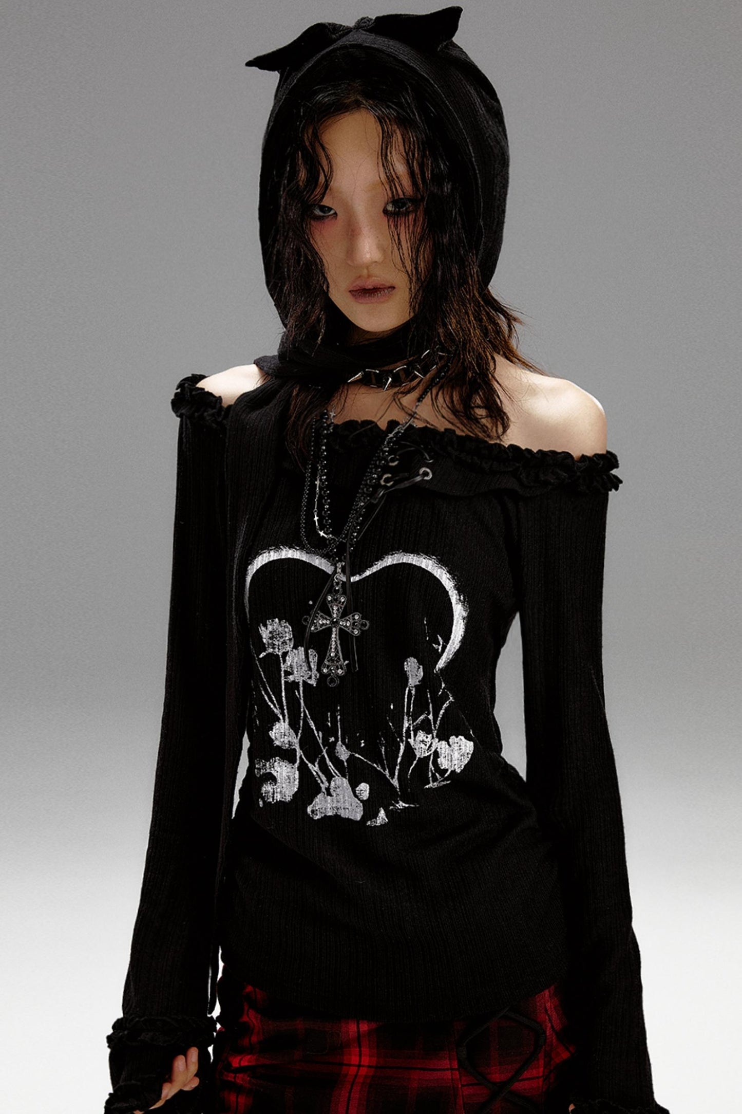 Retro Slim Print Hooded Knit Top