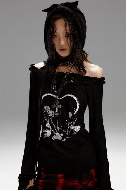 Retro Slim Print Hooded Knit Top