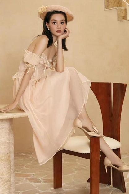 French Champagne Lace Corset Dress Set