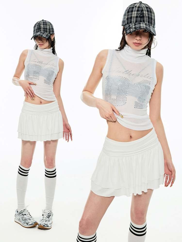 Rhinestone Numbers High Neck Mesh Vest