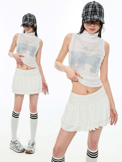 Rhinestone Numbers High Neck Mesh Vest