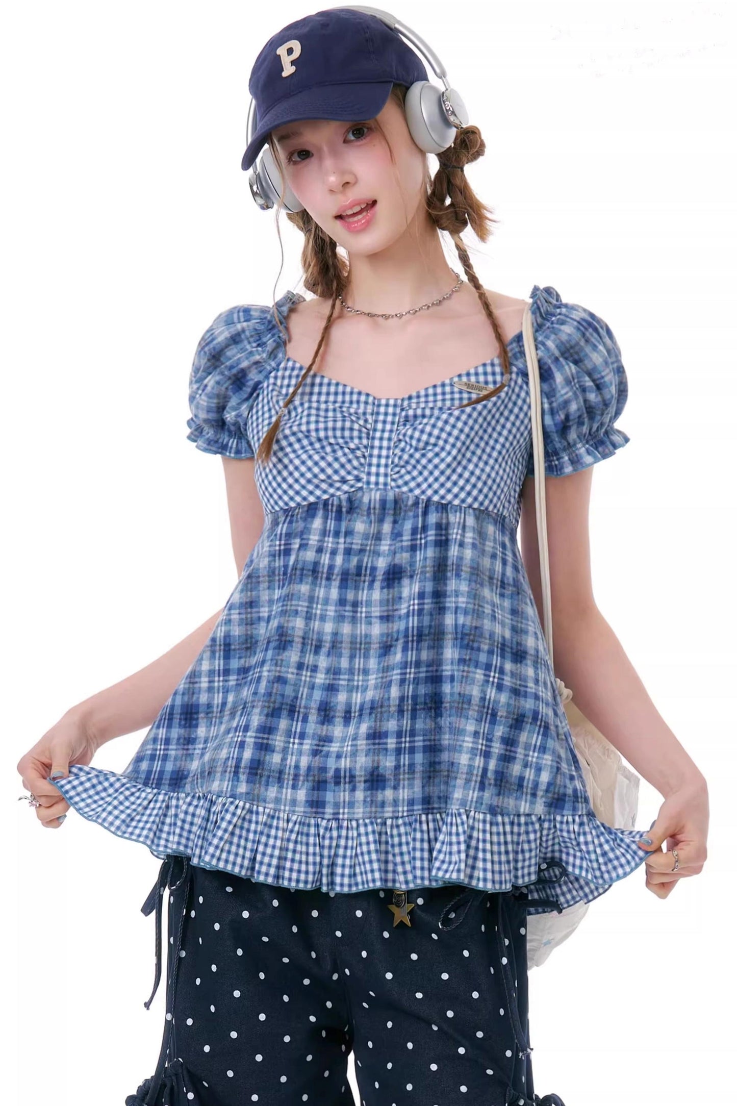 Checkered Plaid Puff Sleeve T-Shirt