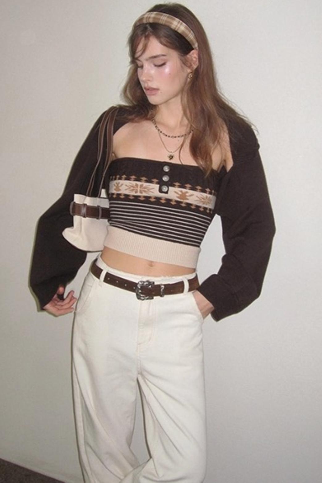 Cropped Knit Cam Shoulder Cardigan Set-Up