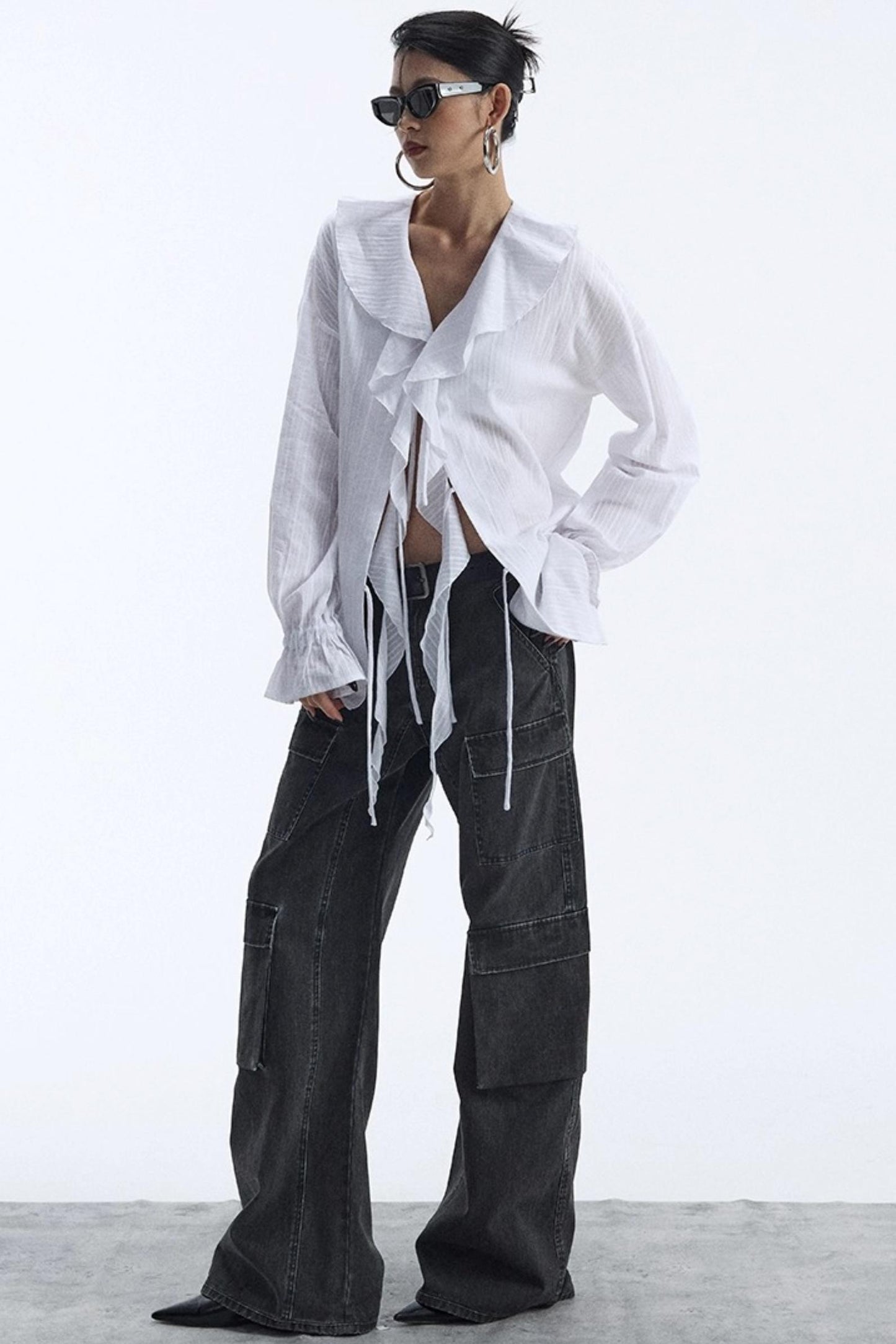 Winter White Ruffled V-Neck Shirt