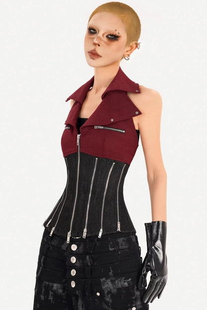 Color-Block Denim Zipper Vest