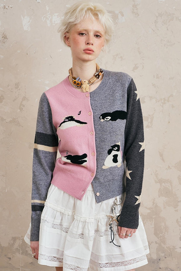 Asymmetric Color-Blocked Knit Coat