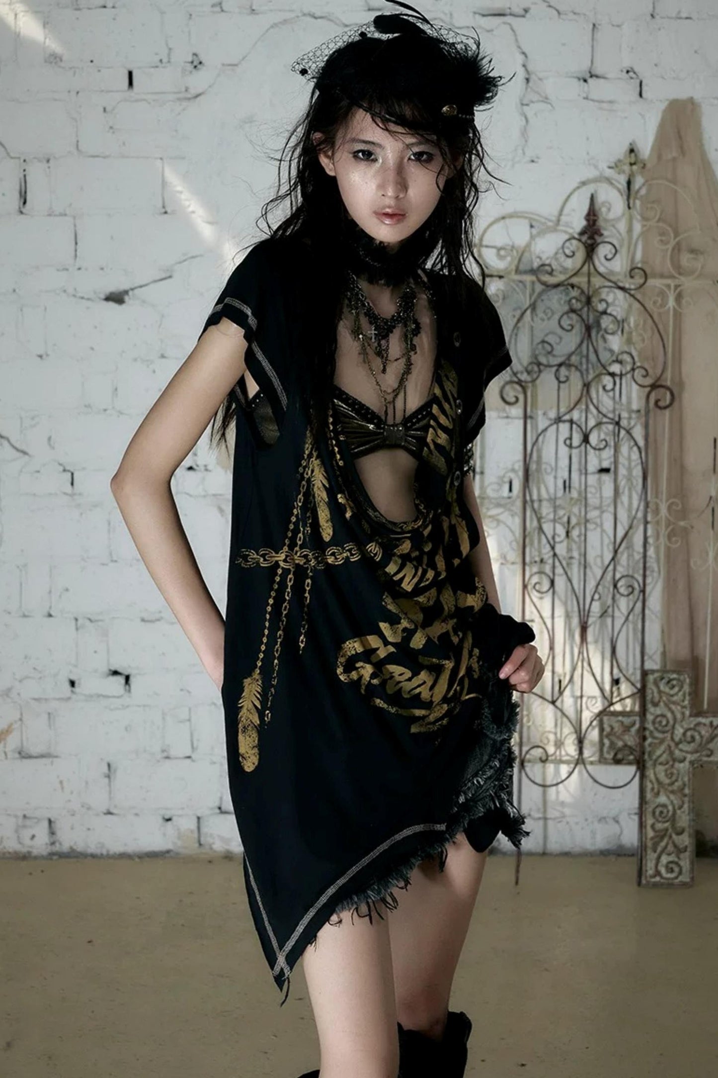 Punk Asymmetrical Neckline T-Shirt Set-Up