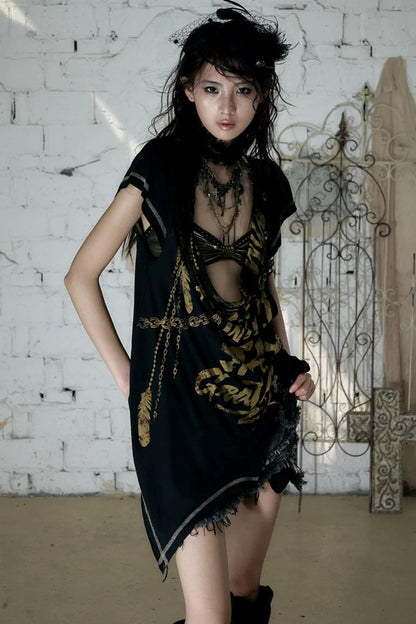 Punk Asymmetrical Neckline T-Shirt Set-Up