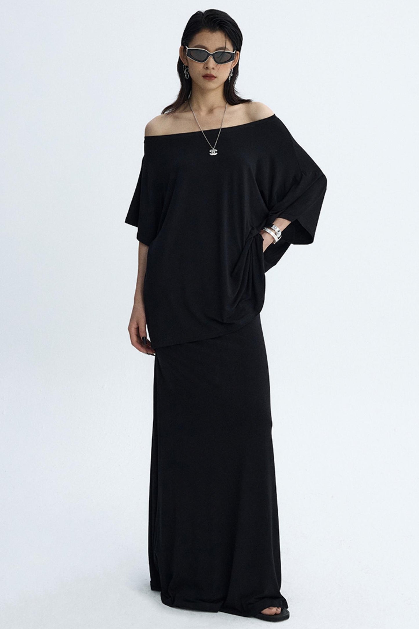 Black Draped Maxi Skirt