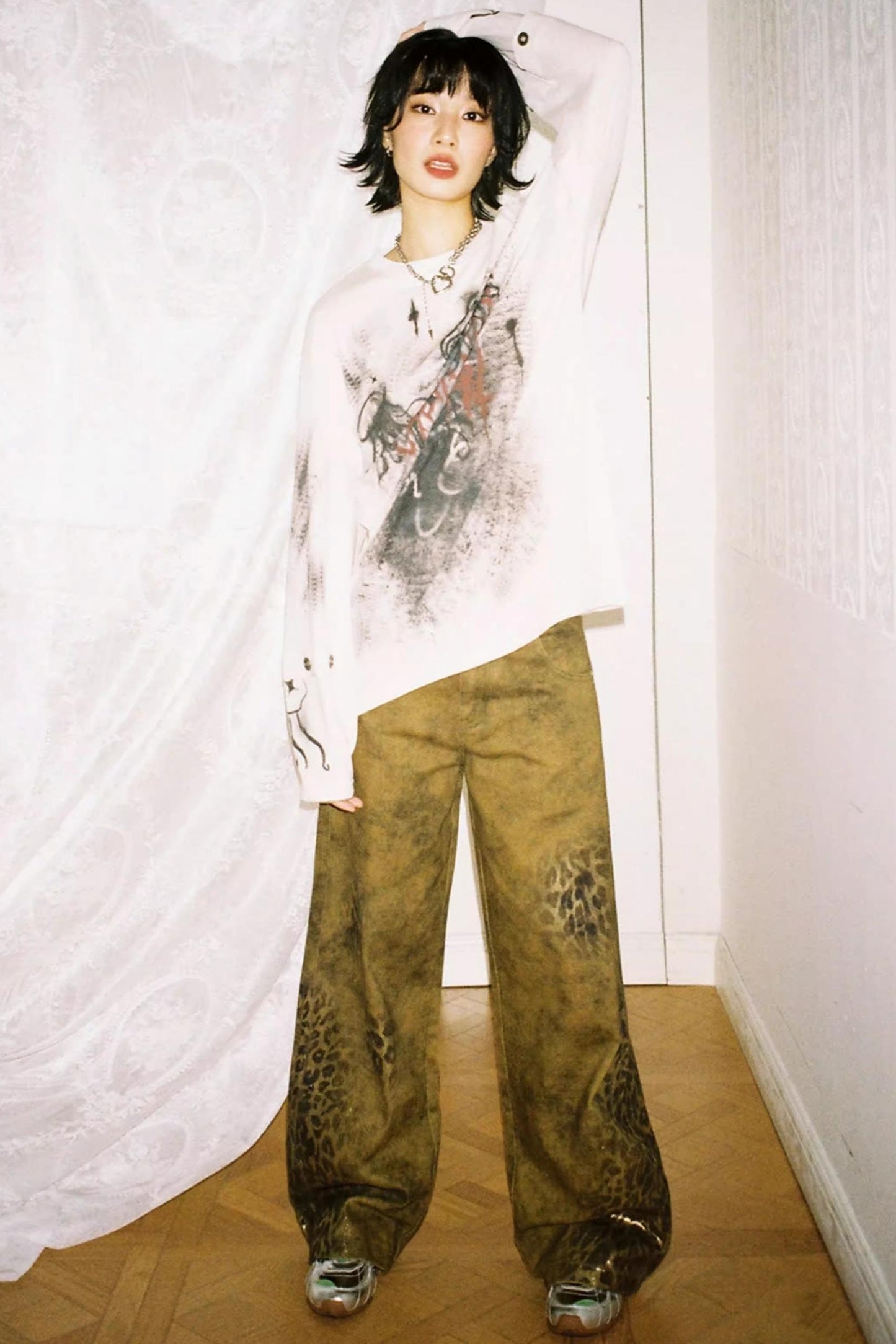 Cotton Washed Leopard Print Denim Pants