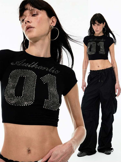 Rhinestone Numbers Cropped Tee