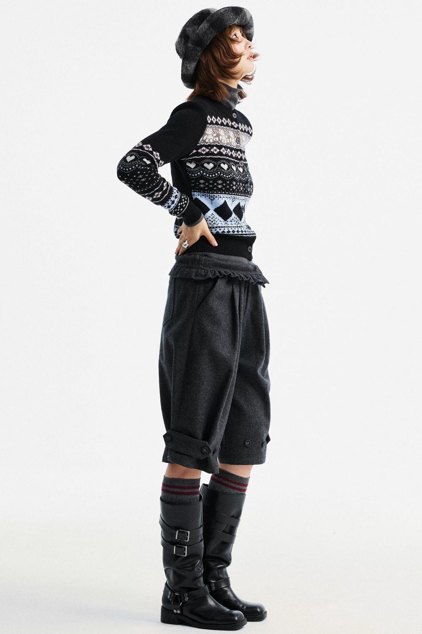 Gray Woolen Lace-Trim Pants