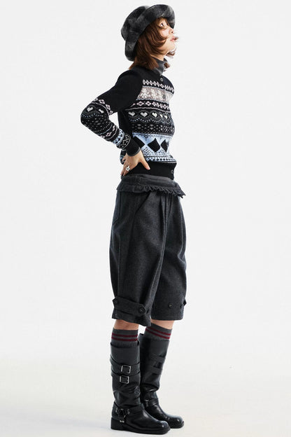 Gray Woolen Lace-Trim Pants