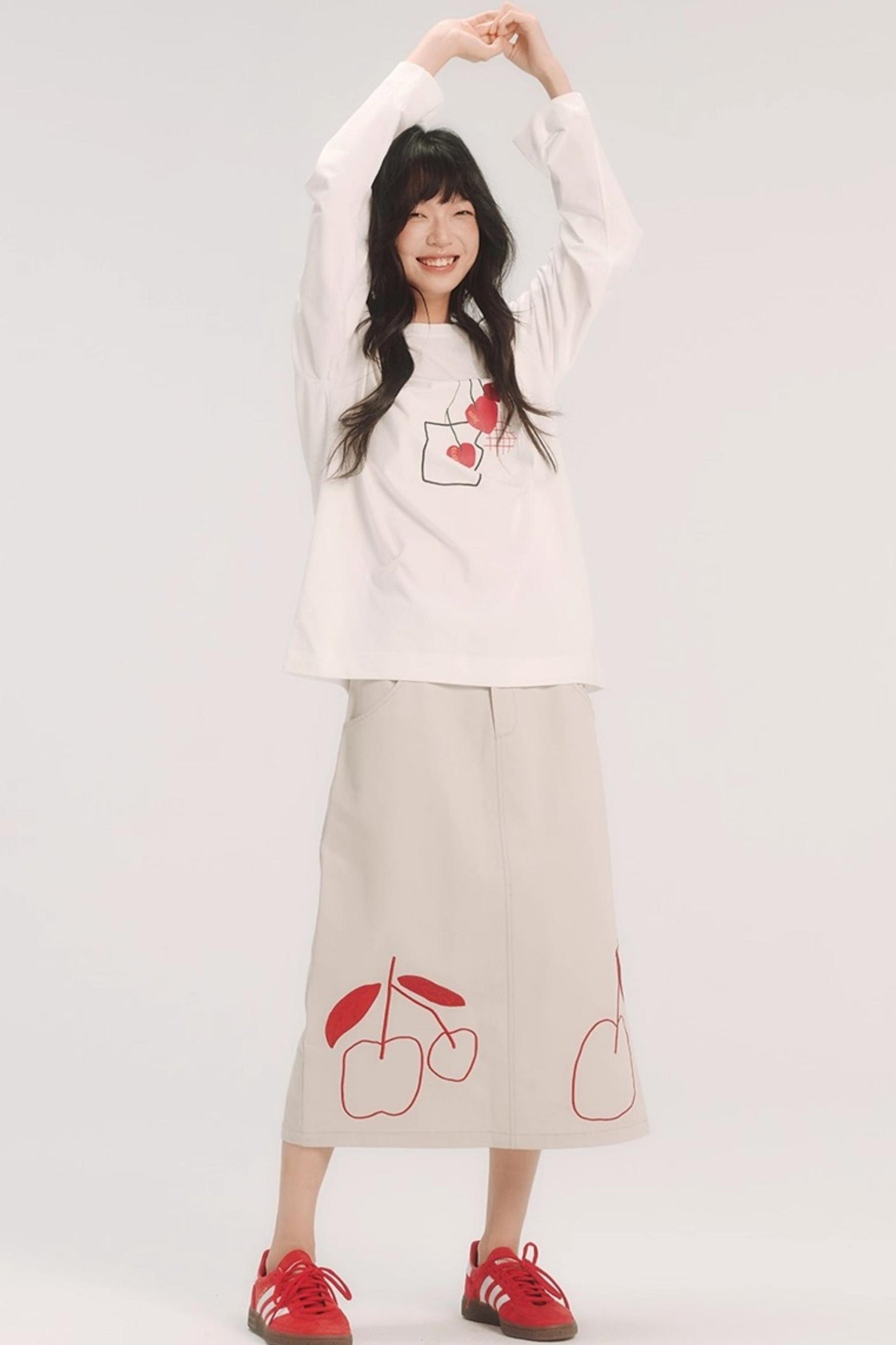 Red Cherry Embroidered Midi Skirt