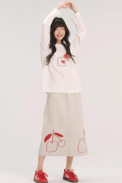 Red Cherry Embroidered Midi Skirt