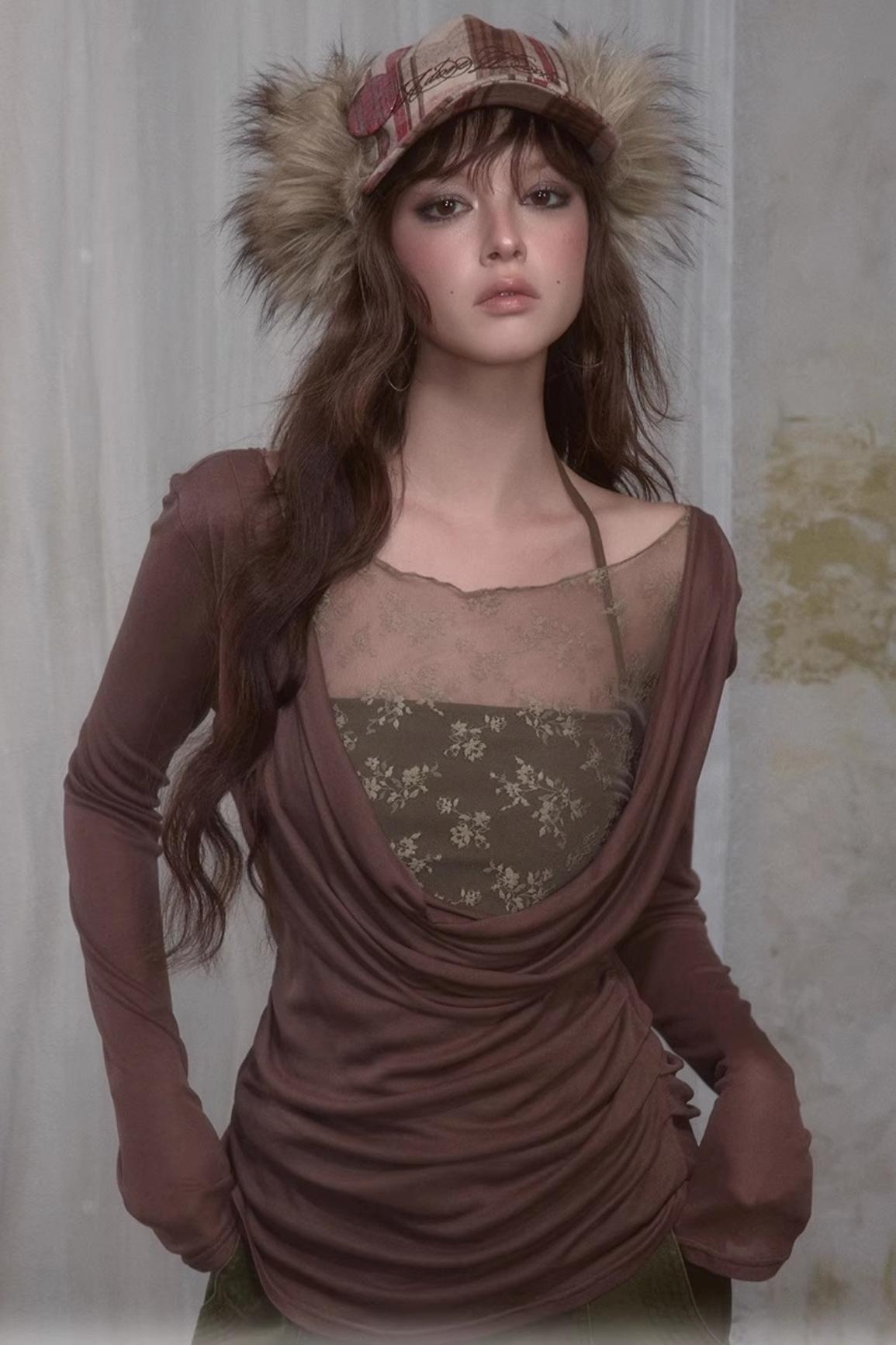 Spliced Long Sleeve Swing Collar T-Shirt