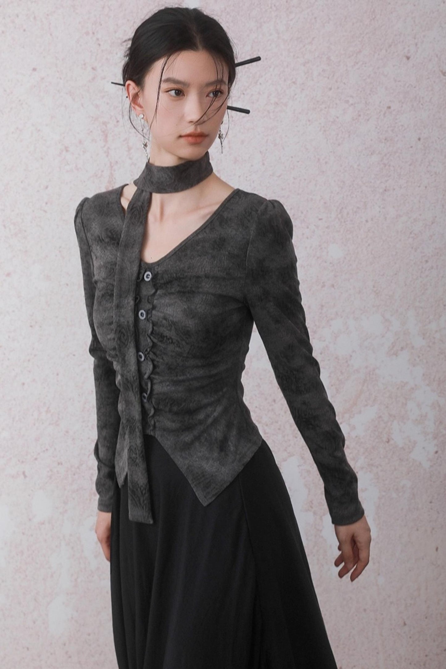 Autumn Gray Tie-dye Knitted V-Neck T-Shirt