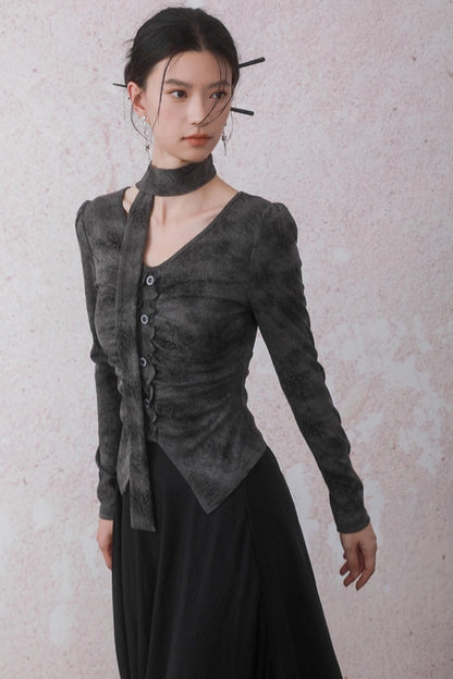 Autumn Gray Tie-dye Knitted V-Neck T-Shirt