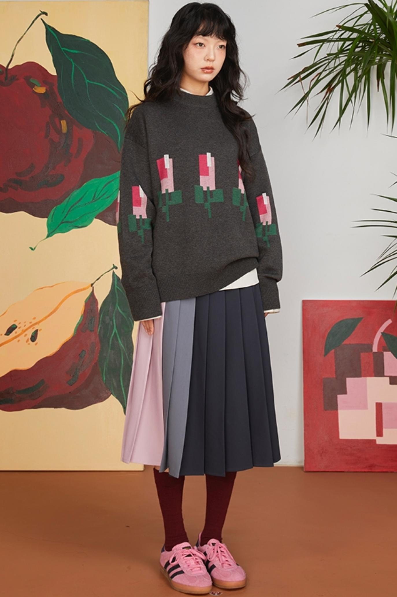 Jacquard Tulip Wool Knit Pullover