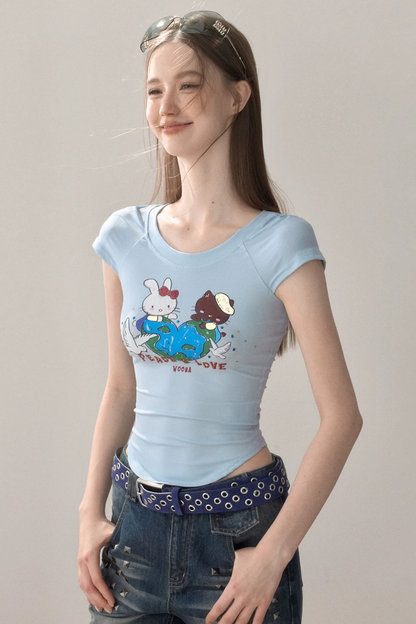 Curved Hem Printed Blouse