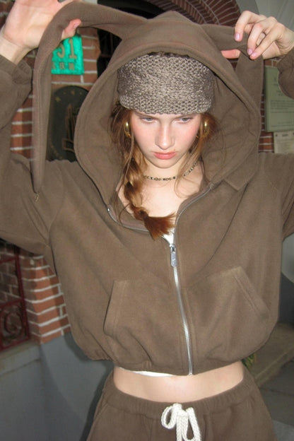 Khaki Fleece Bunny Ear Cardigan Set-Up