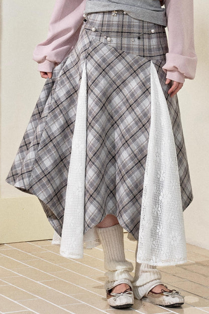 Gray-Brown Two-Tone Plaid Irregular Skirt
