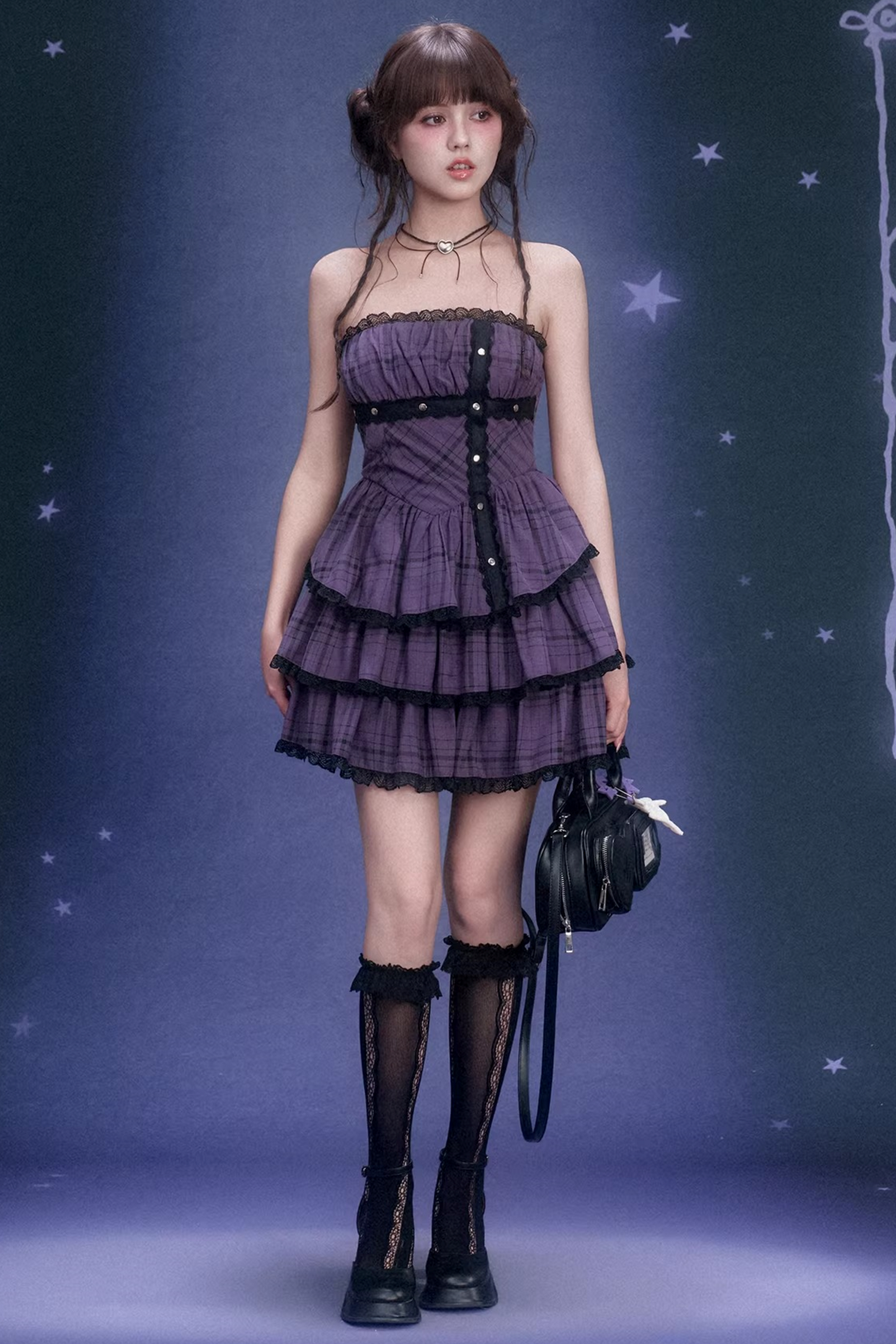 Grape Purple Plaid Strapless Dress Set-Up