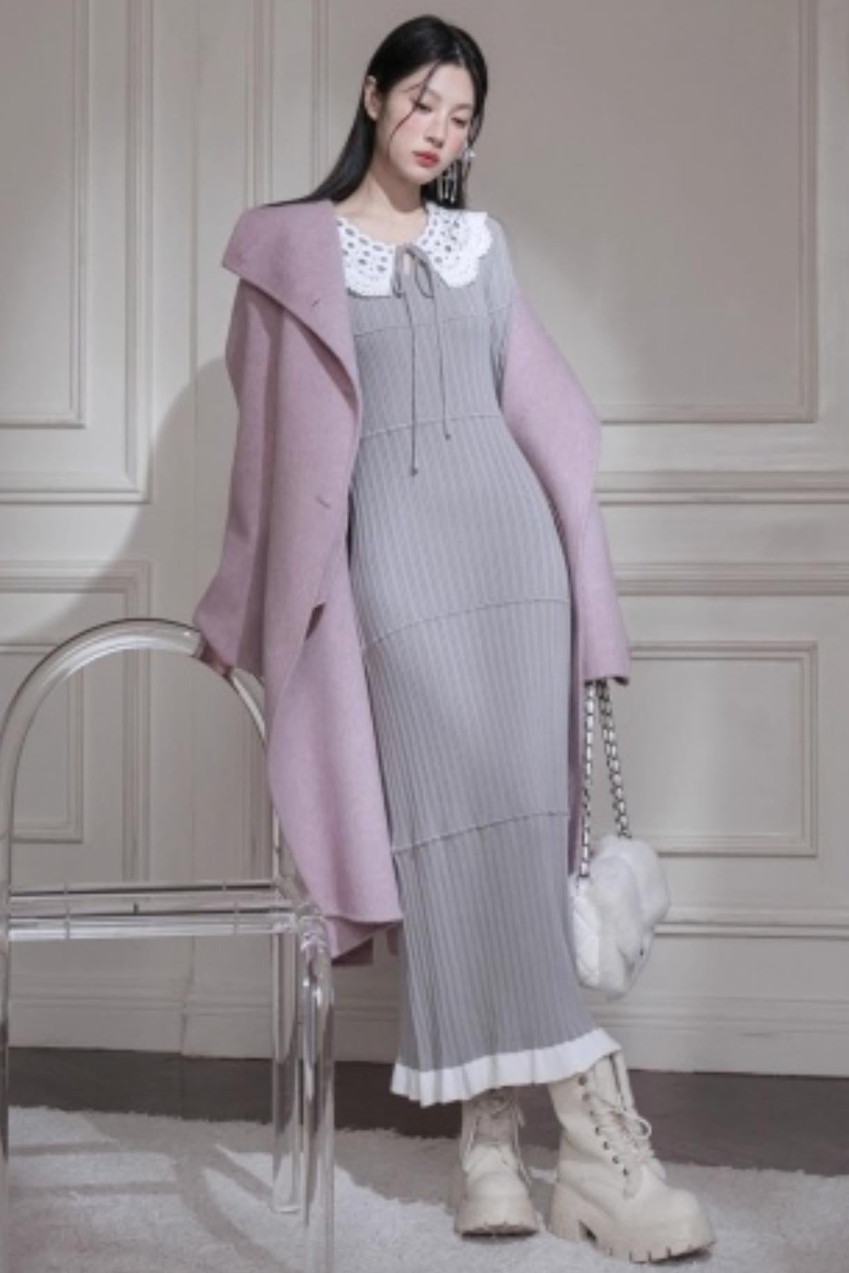 Mist Gray Lace Wool Dress