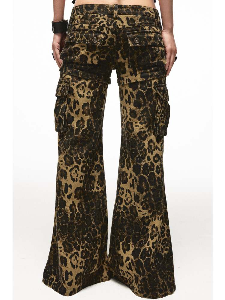 2-way Leopard Pattern Low Rise Studs Flare Jeans