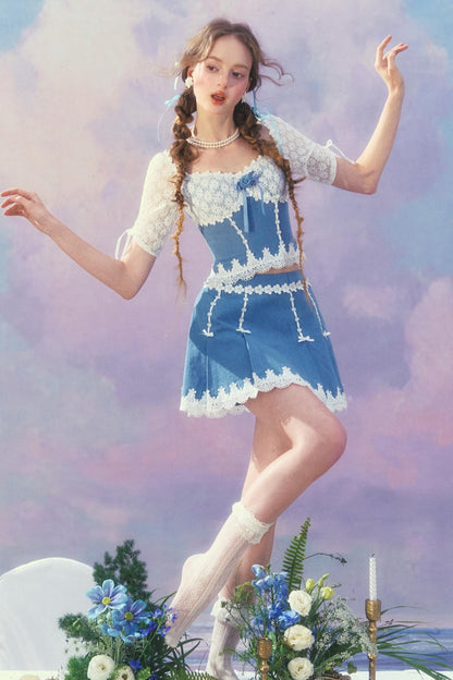 Patchwork Denim Skirt Set-Up