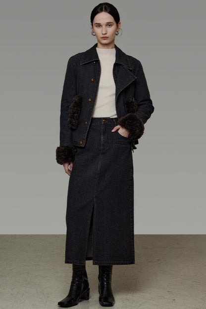 Patchwork Fur Collar Denim Jacket Set-Up