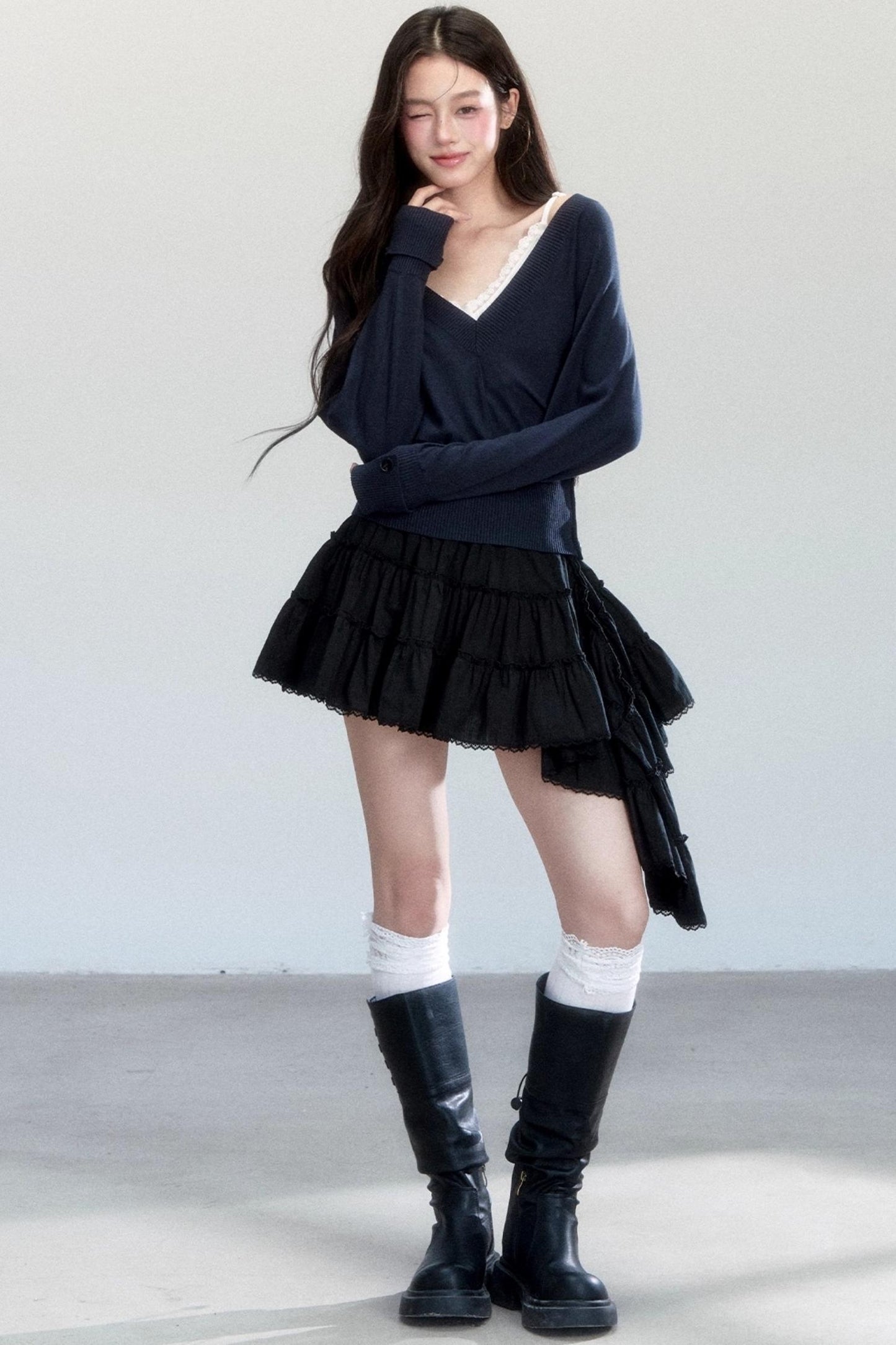 Lazy V-Neck Knit Top Set-Up