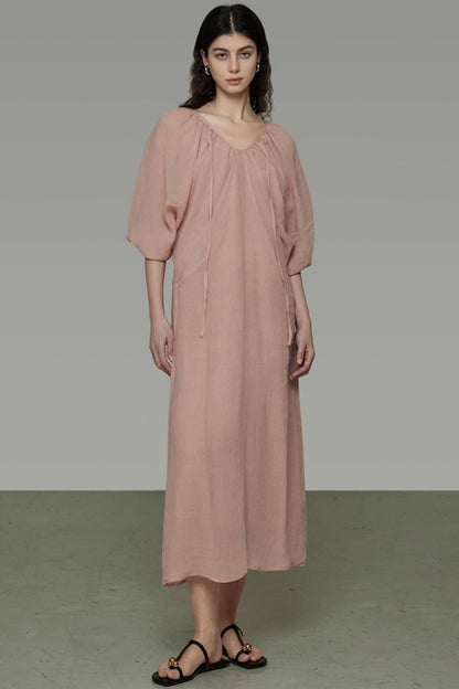 Lantern Sleeve Linen Dress
