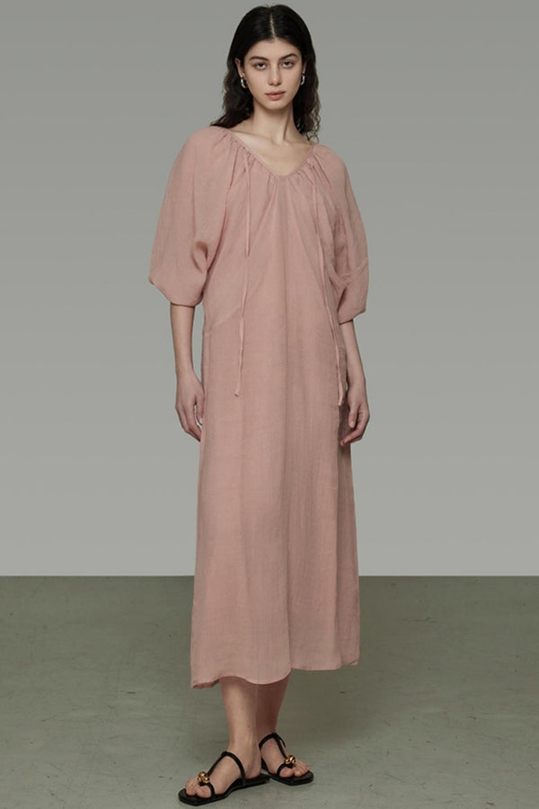 Lantern Sleeve Linen Dress