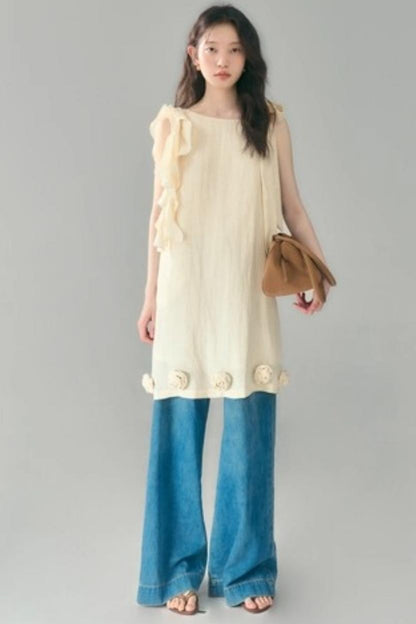 Three-Dimensional Rose Lace Linen-Blend Dress