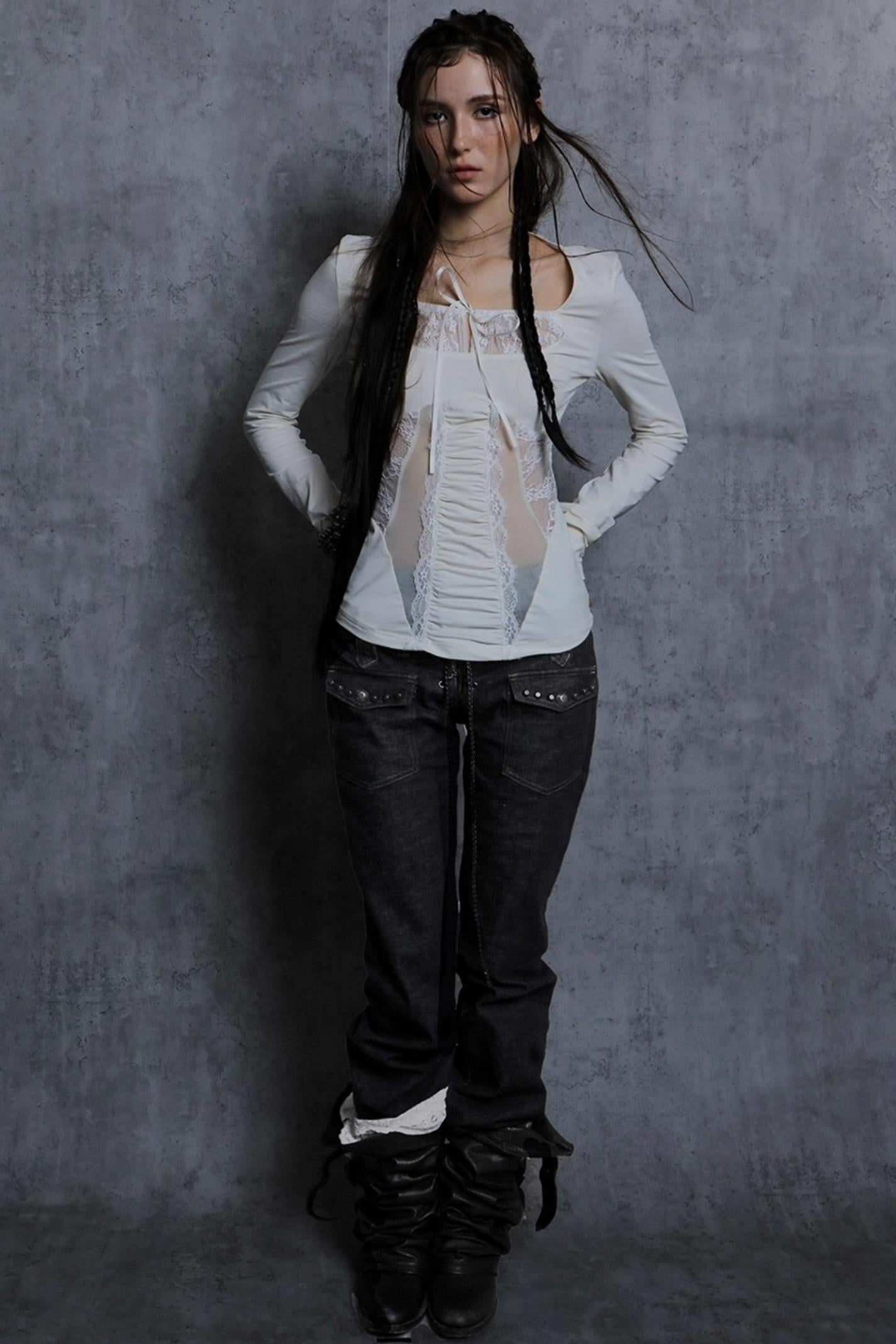 Shoulder Lace Girly Slim Long Sleeve T-Shirt