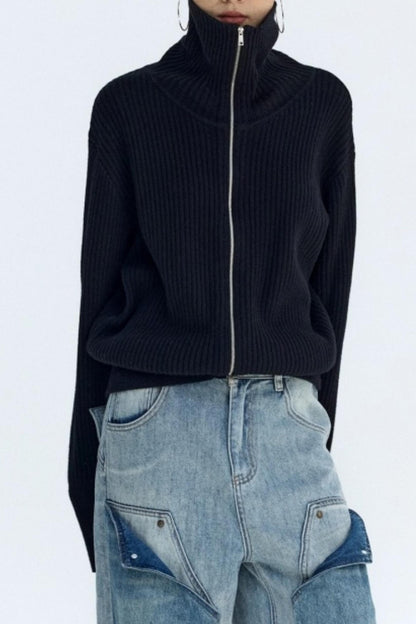 Slim Fit High-Neck Knit Cardigan