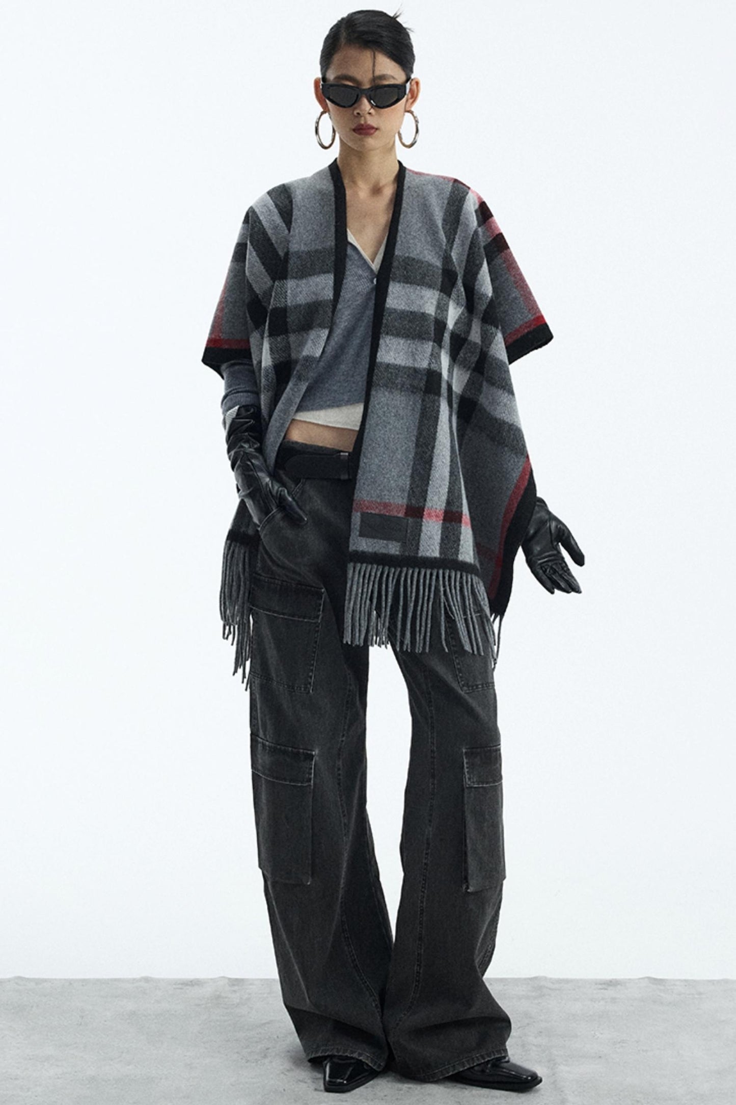 Wool Blend Plaid Cape Cardigan