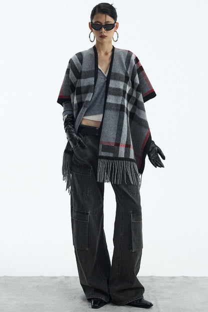 Wool Blend Plaid Cape Cardigan