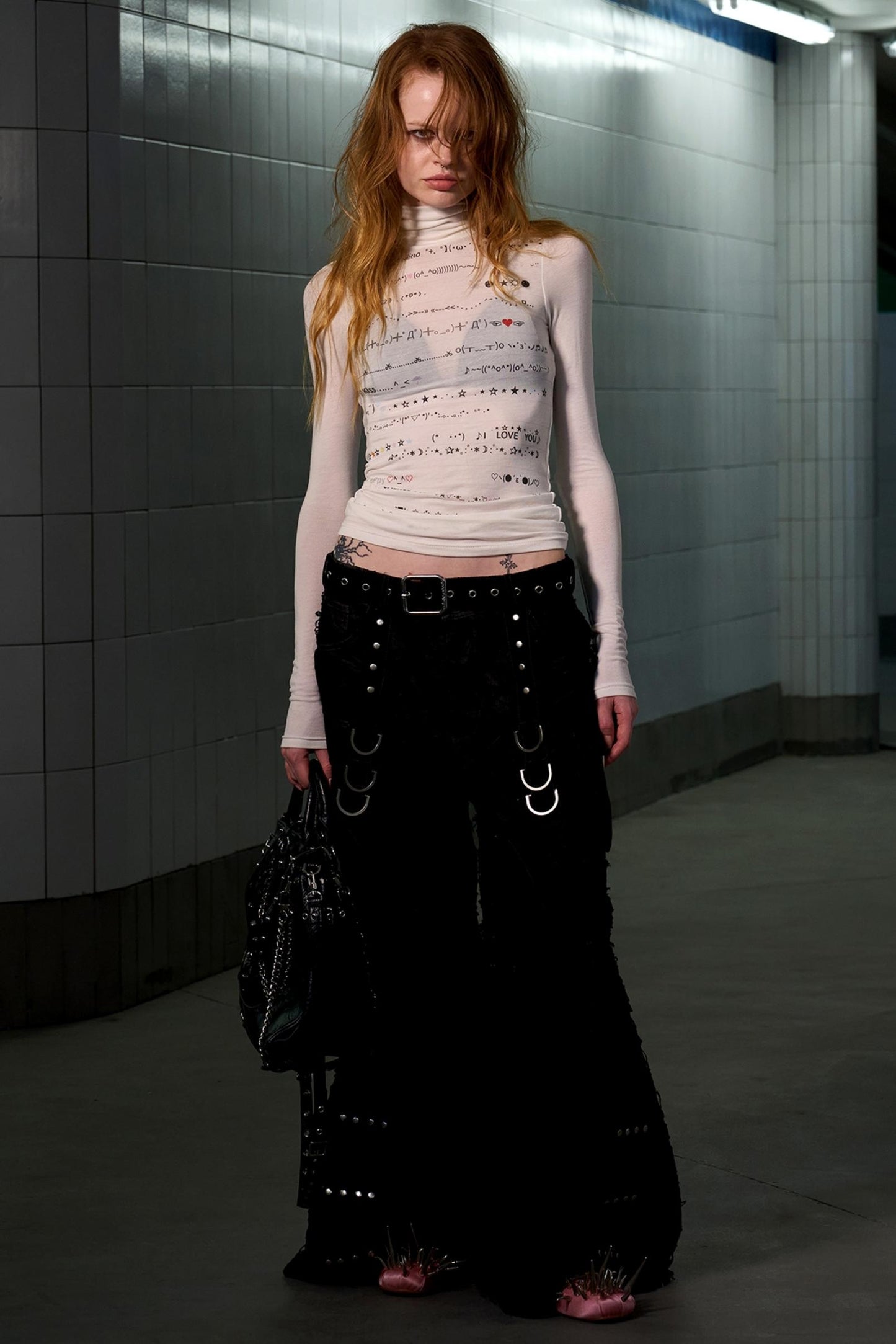 Wool Blend Striped Turtleneck Top