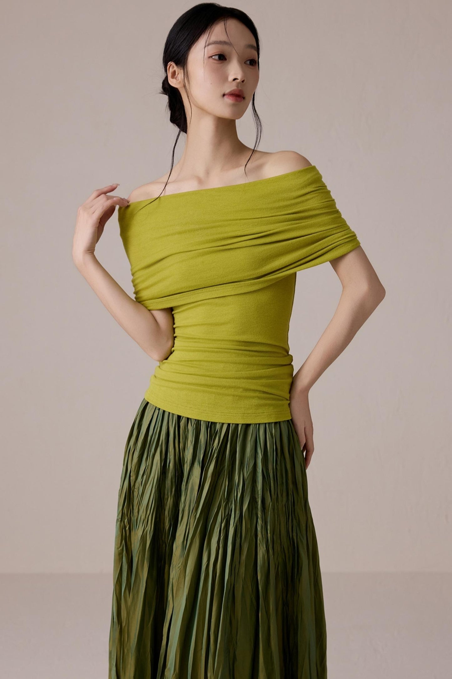 Green One-Shoulder Knit Top