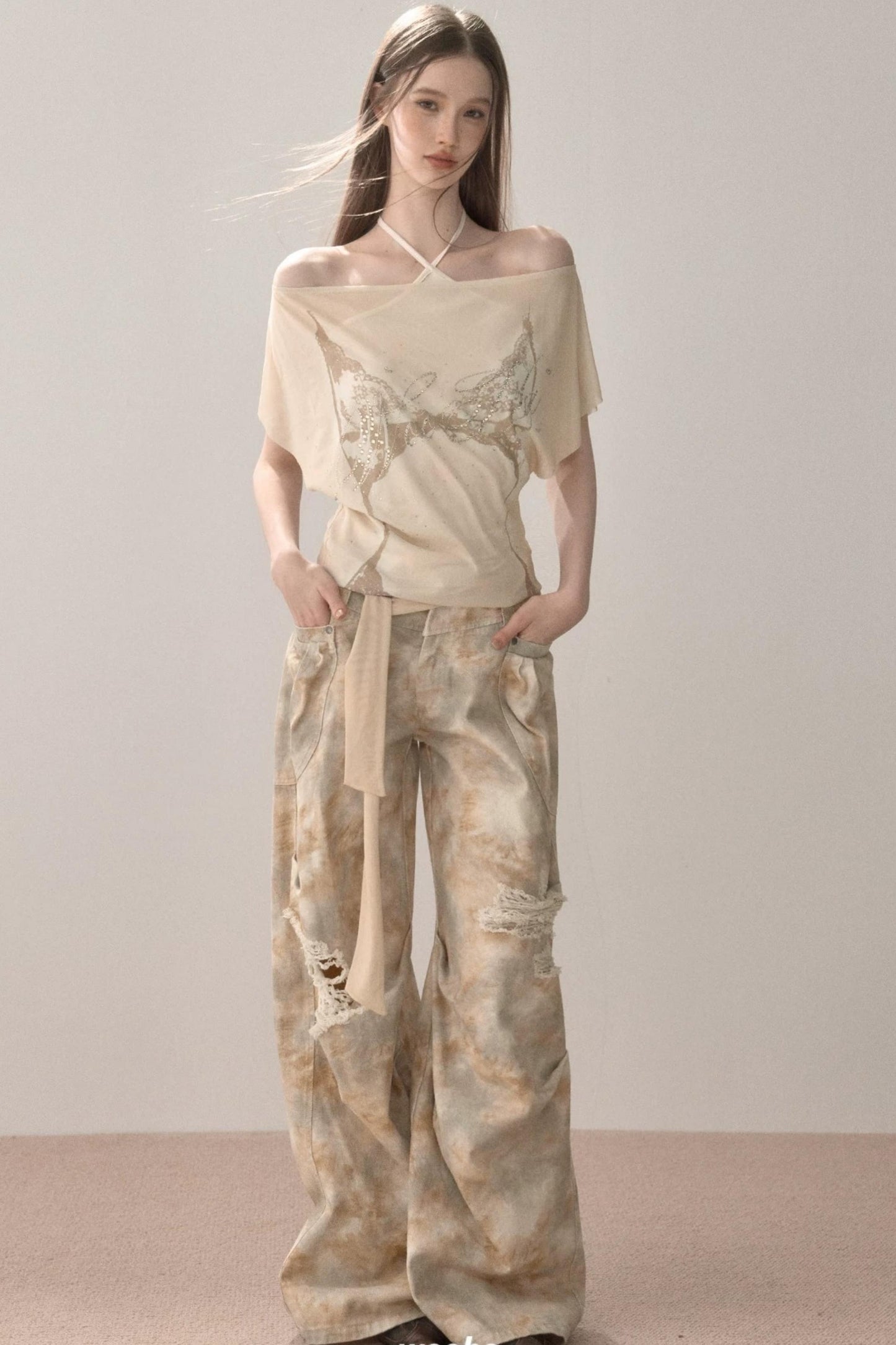 Gradient Wide-Leg Ripped Pants