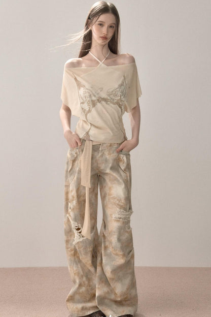 Gradient Wide-Leg Ripped Pants