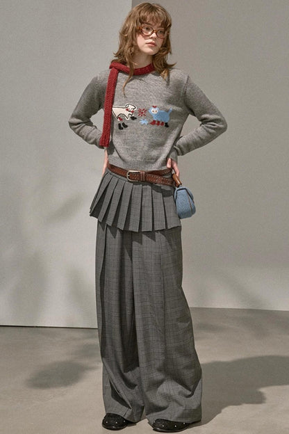 Kitten And Puppy Embroidered Wool Blend Knit Sweater