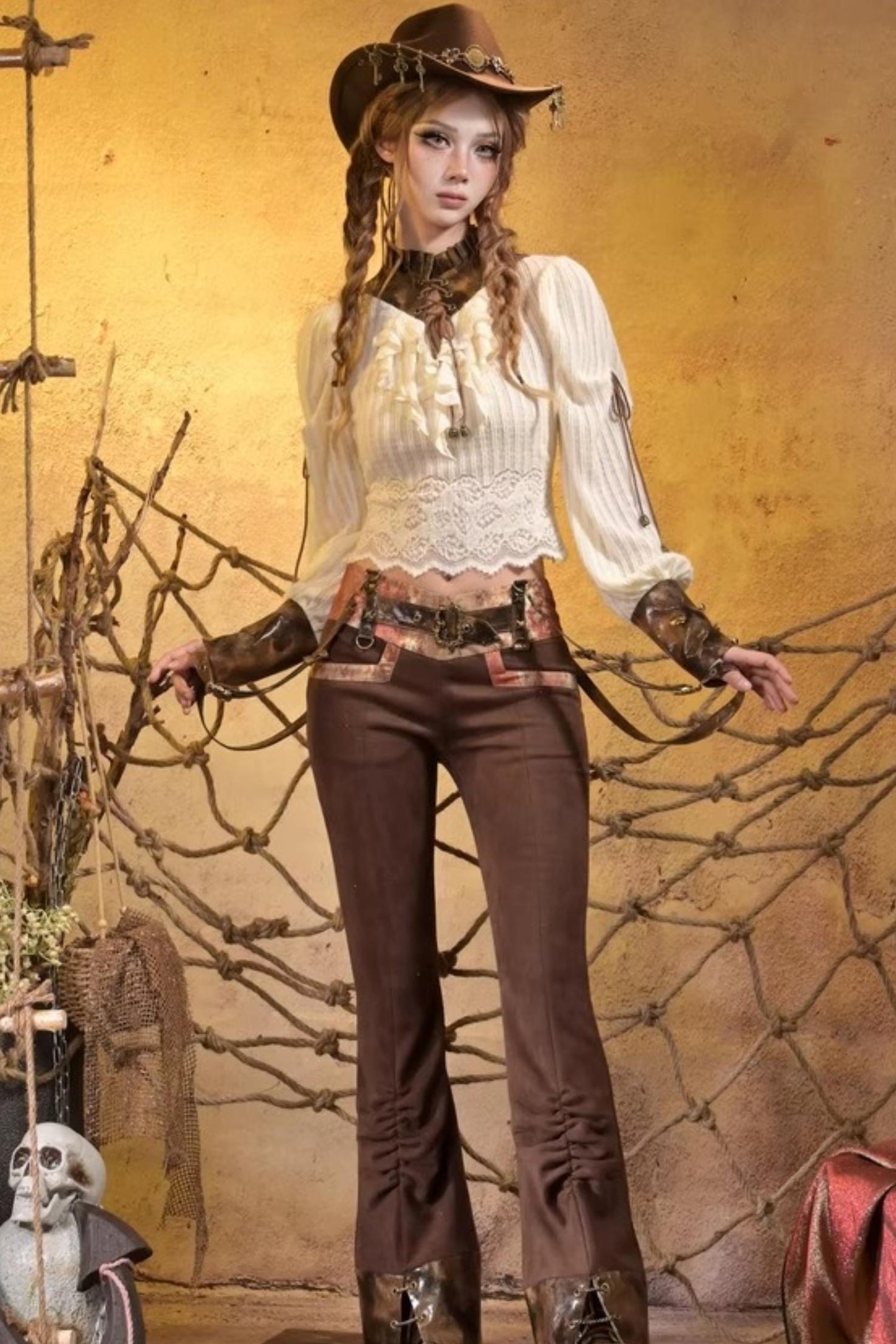 Lace Vintage Distressed Overalls Bib Pants